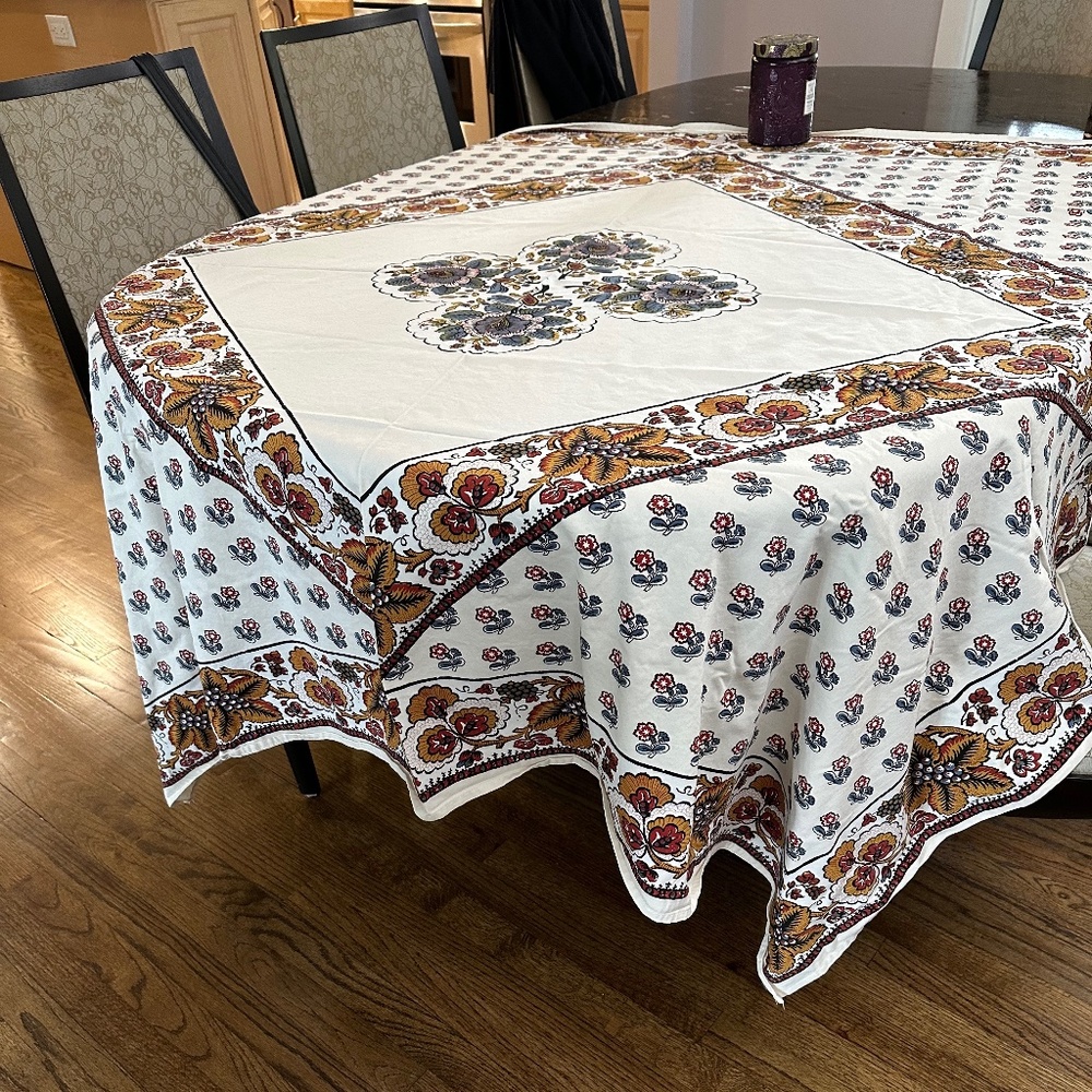 Souleiado 67 inch square tablecloth, floral, cornflower blue, copper, cranberry
